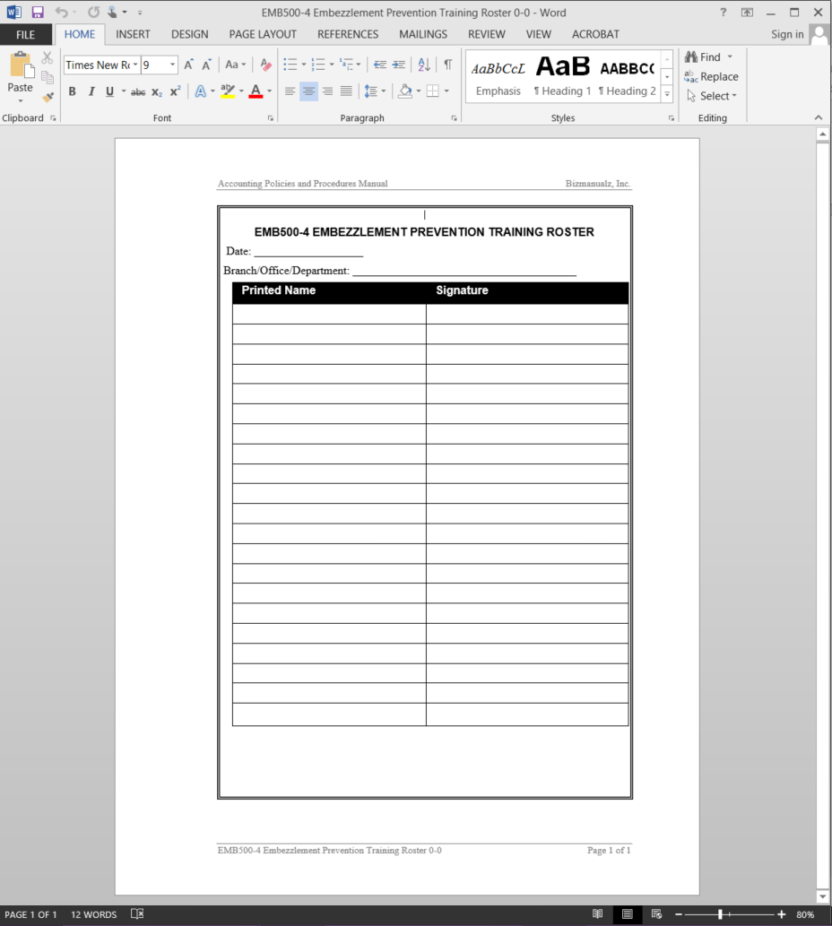 Training Record Template  EMB23-23 For Training Manual Template Microsoft Word