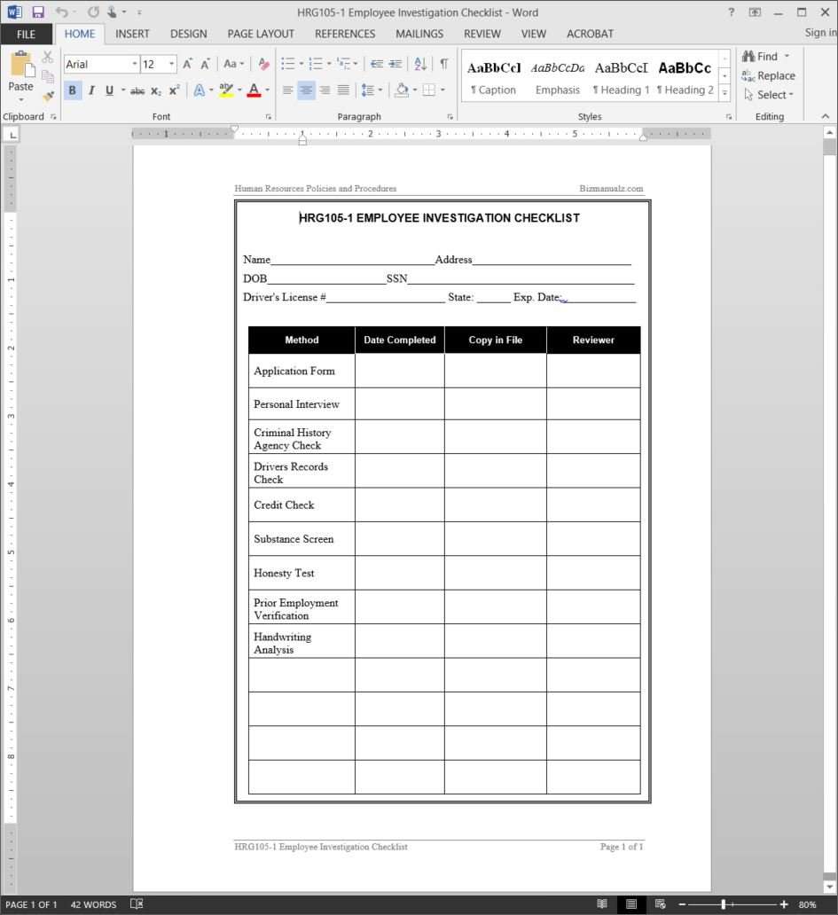 Employee Investigation Checklist Template