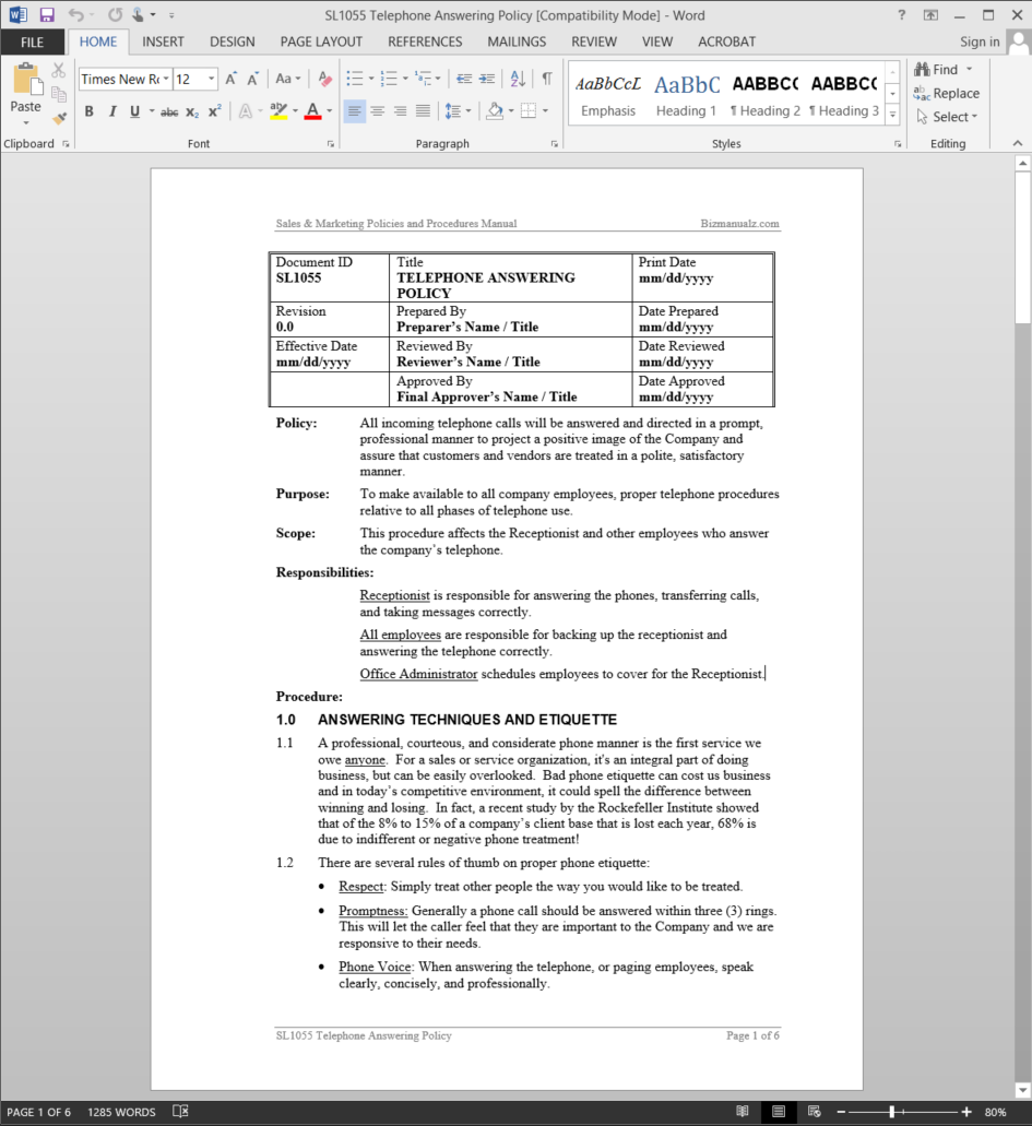 Telephone Answering Policy Procedure