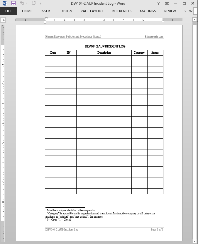 Acceptable Use Incident Log Template
