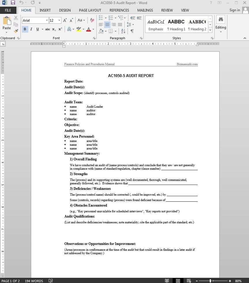 Financial Audit Report Template  AC23-23 Within Report Template Word 2013