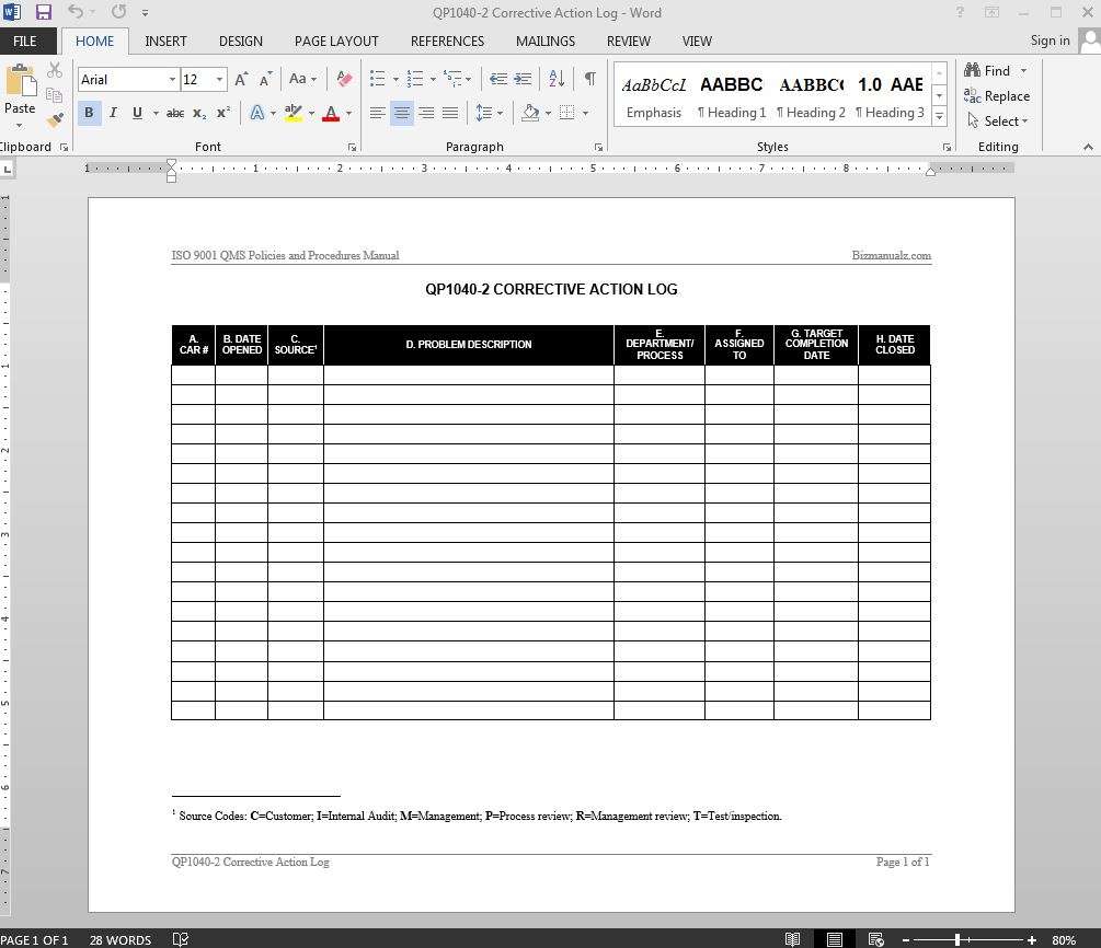Corrective Action Log ISO Template  QP211-21 For Corrective Action Report Template