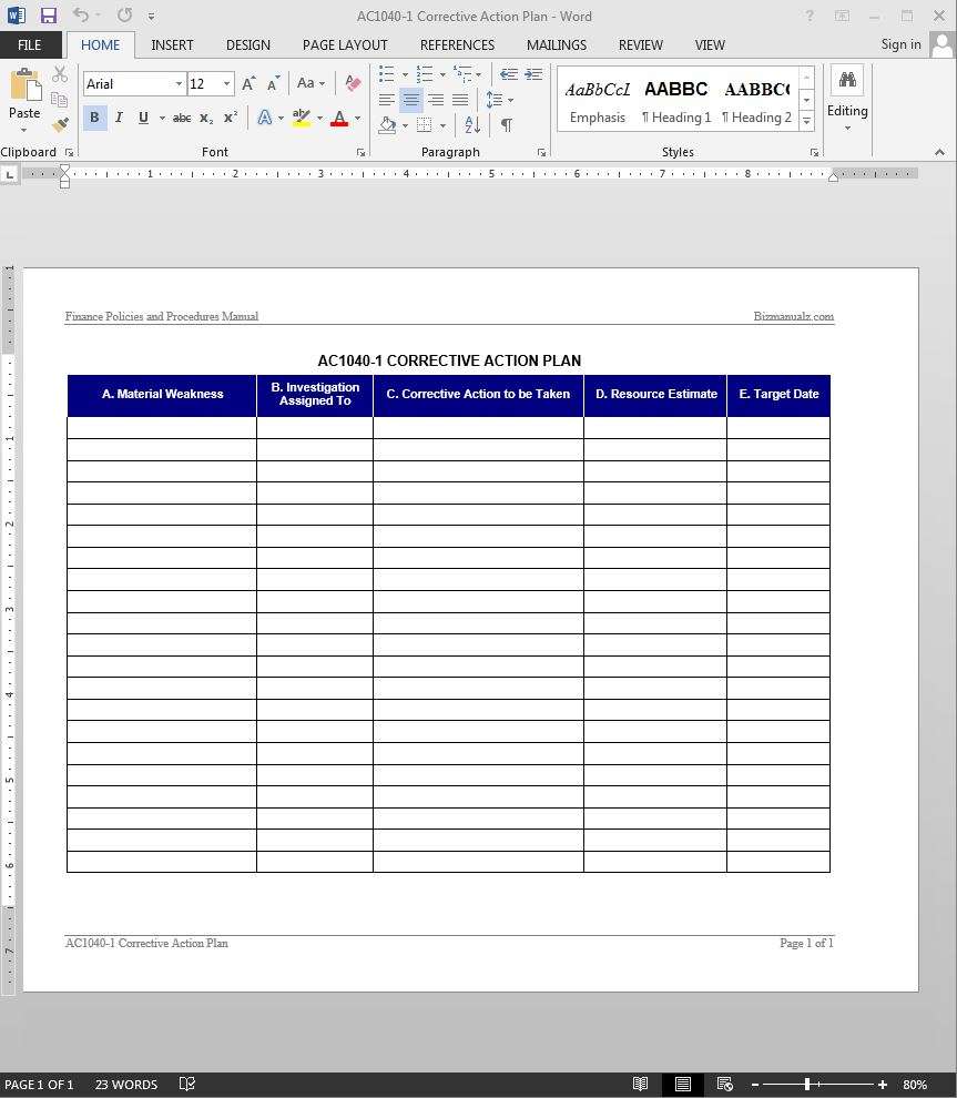 Corrective Action Plan Template  AC1111-11