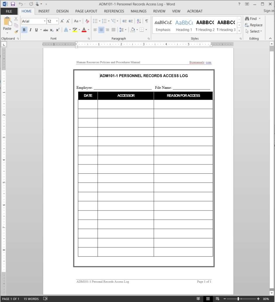 Personnel Records Access Log Template