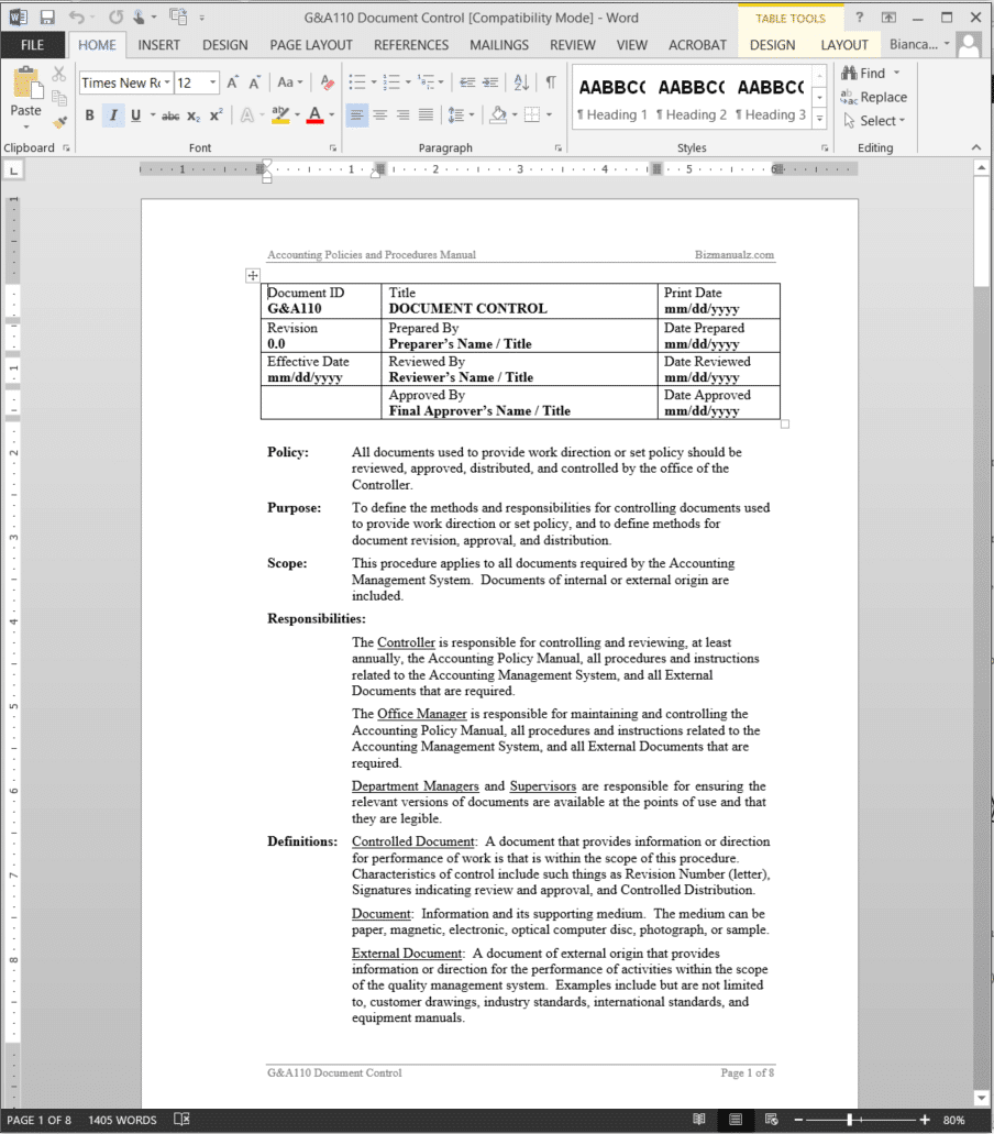 Iso Document Control Document Control Procedure Template