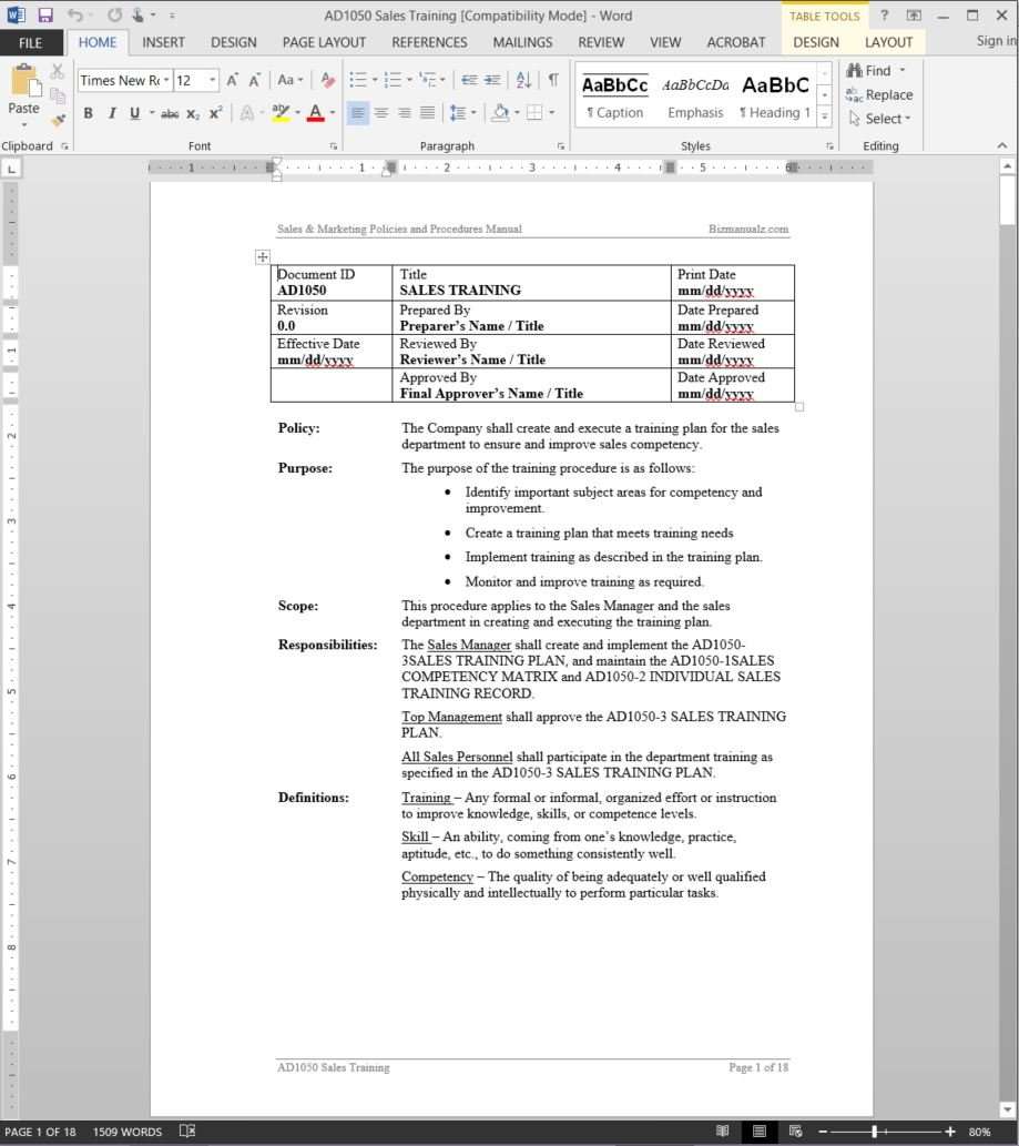 Sales Training Procedure  AD24 With Procedure Manual Template Word Free