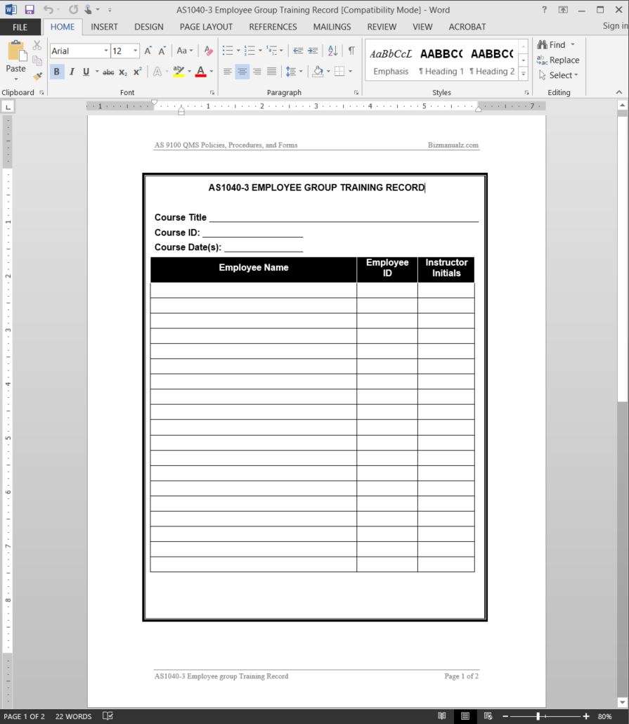 Employee Group Training Record AS20 Template  AS20-20 With Training Documentation Template Word