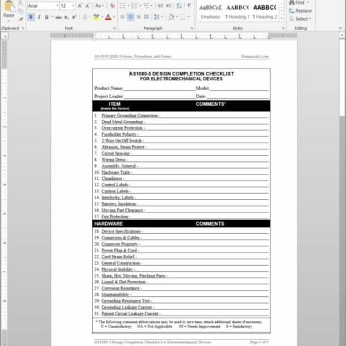 Design Completion Checklist for Electromechanical Devices AS1080-5