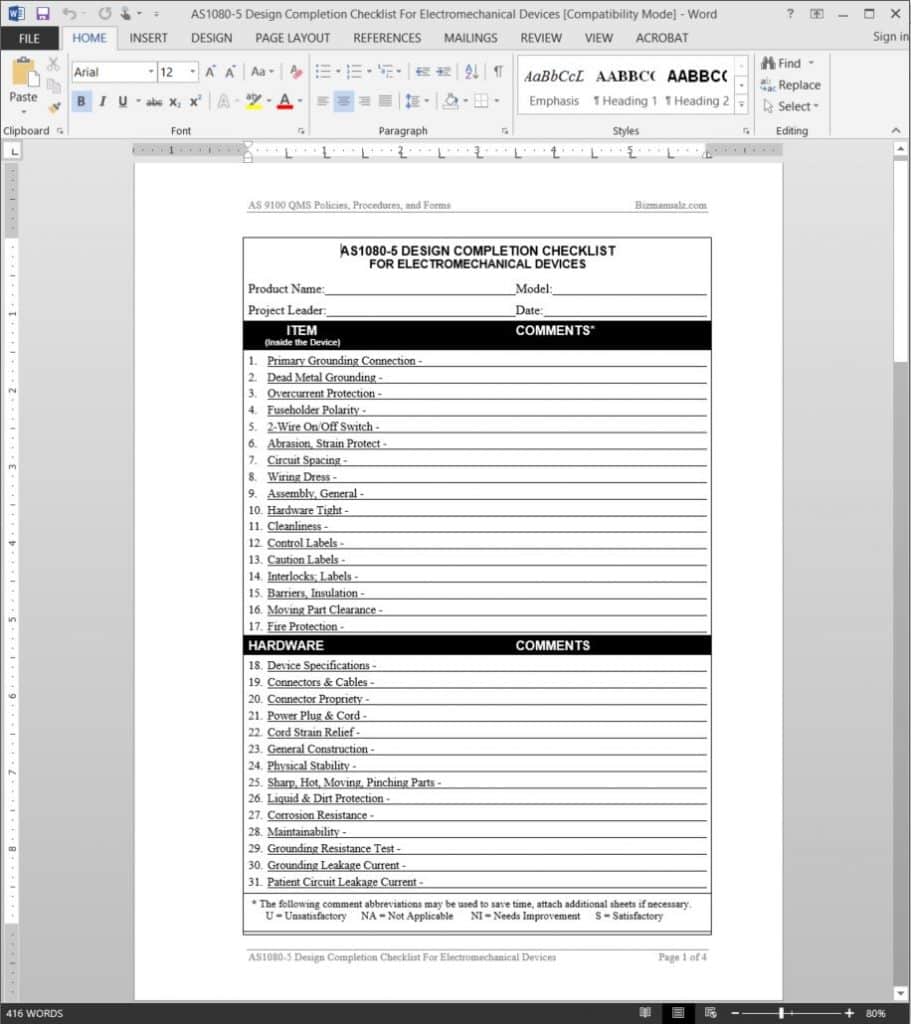 Design Completion Checklist for Electromechanical Devices AS1080-5