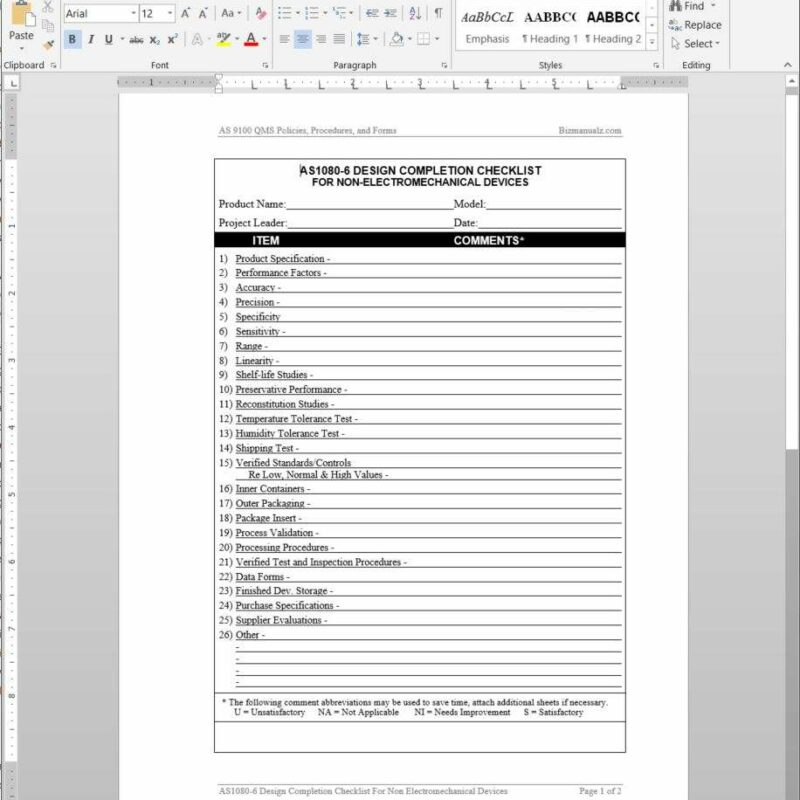 Design Completion Checklist for Non-Electromechanical Devices AS1080-6