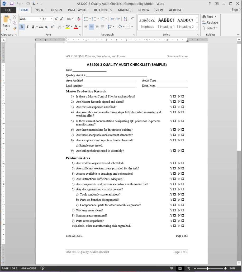 as9100 quality audit checklist sample