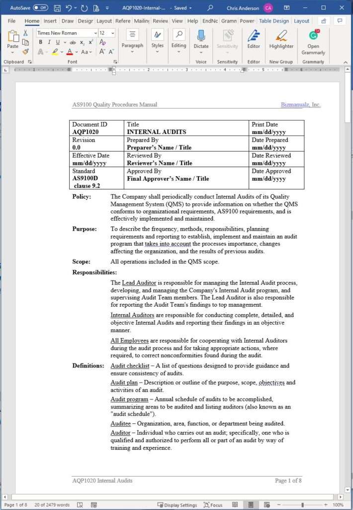 AS9100-D Internal Audit Procedure Template Word