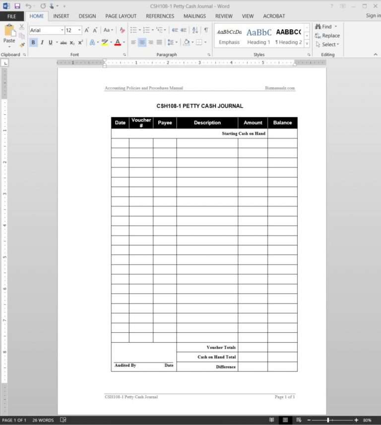 Petty Cash Accounting Journal Template BizManualz