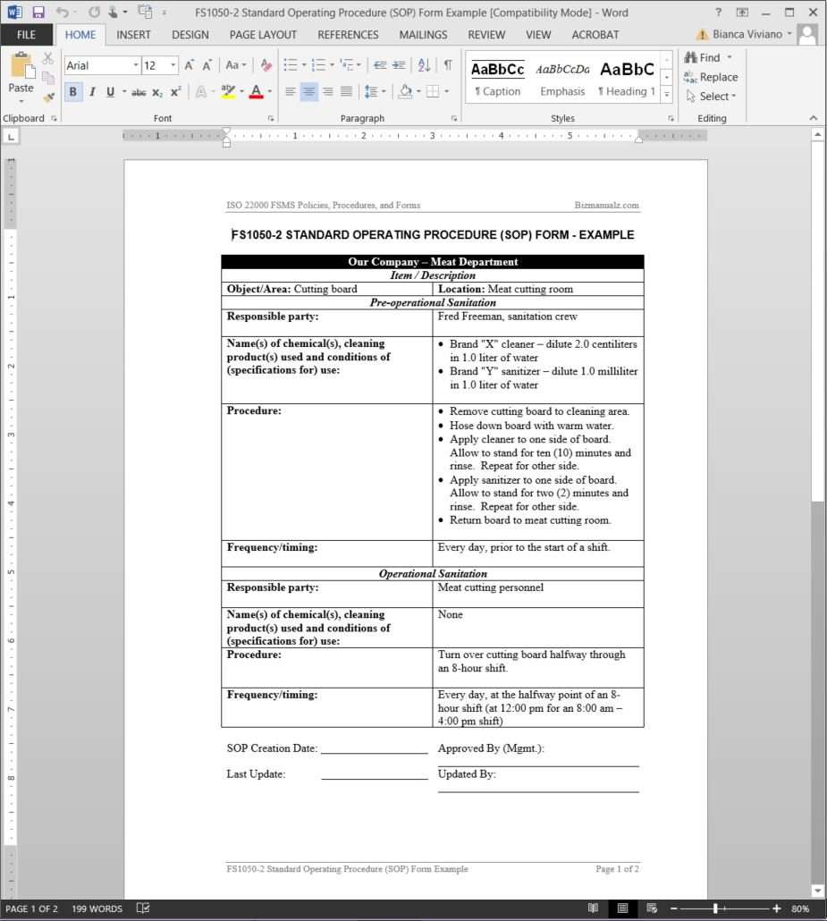 FSMS Standard Operating Procedure Sop Form Template