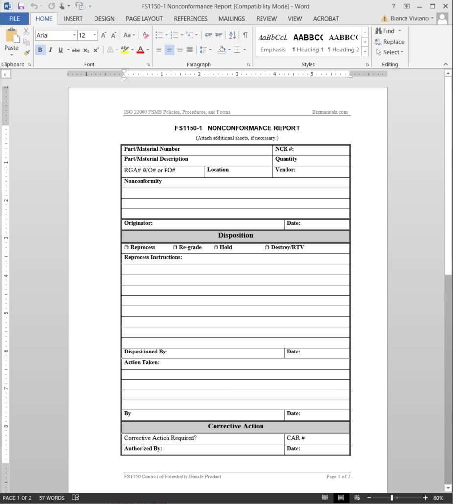FSMS Nonconformance Report Template  FDS221-21 Pertaining To Ncr Report Template