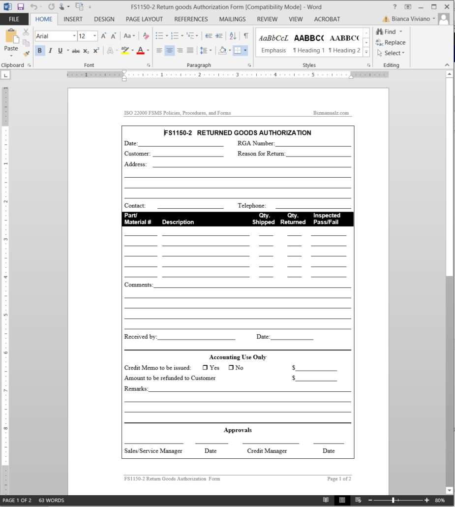 Return Authorization Form Template from www.bizmanualz.com