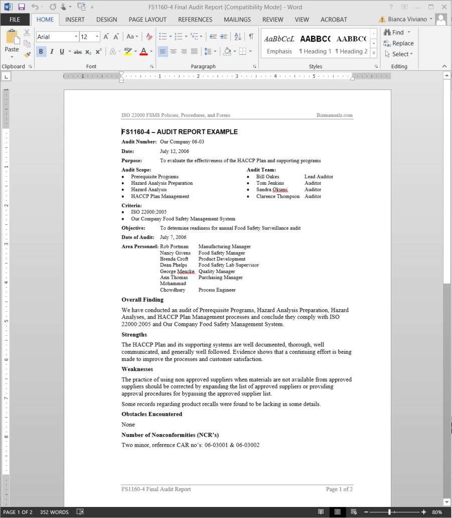 FSMS Audit Report Example Template  FDS23-23 Pertaining To Internal Audit Report Template Iso 9001