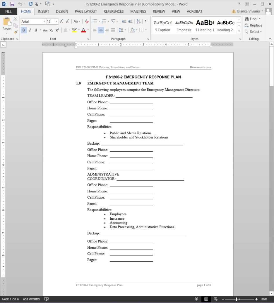 FSMS Emergency Response Plan Template  FDS255-25 With Regard To Emergency Drill Report Template