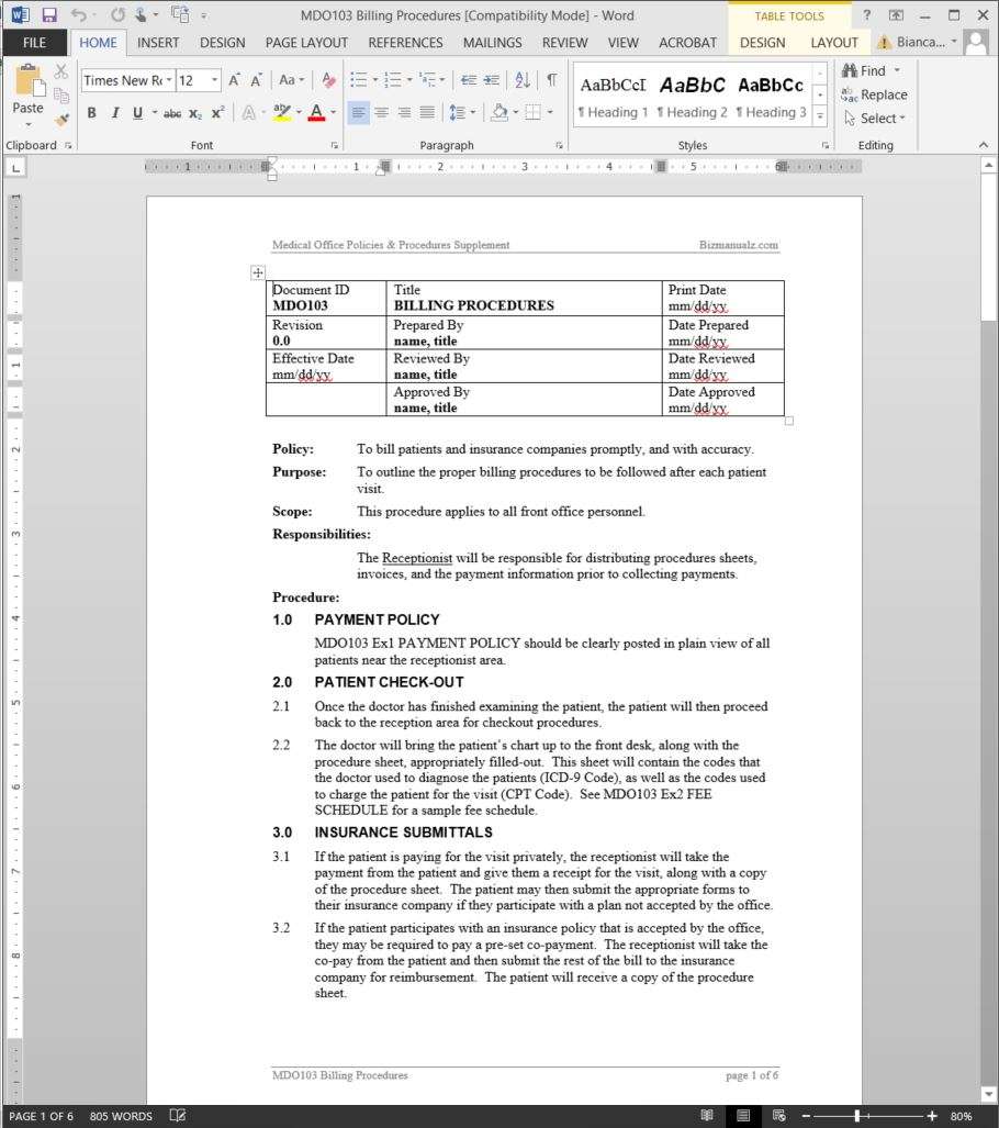 Billing Procedure  MDO20 In Policies And Procedures Template For Small Business