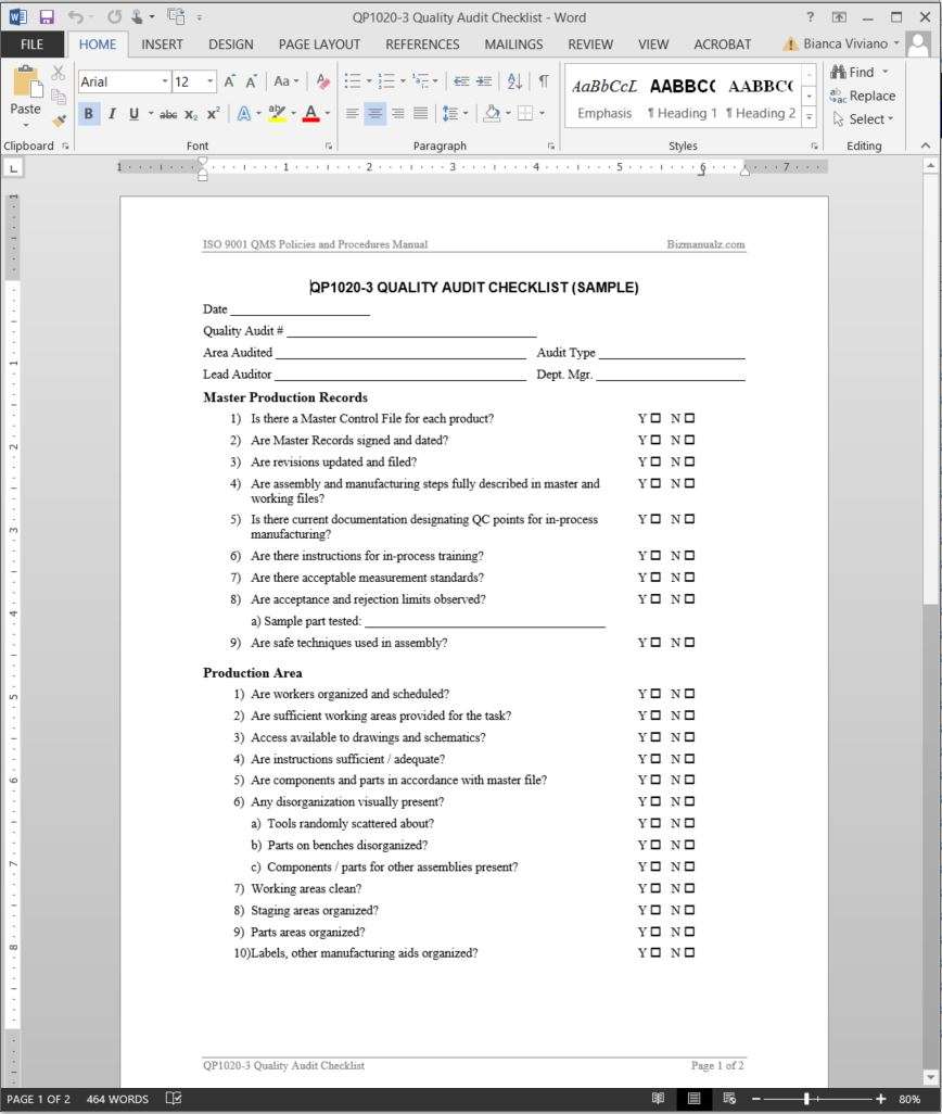 Quality Audit Checklist ISO Template  QP20-20 Pertaining To Business Process Audit Template