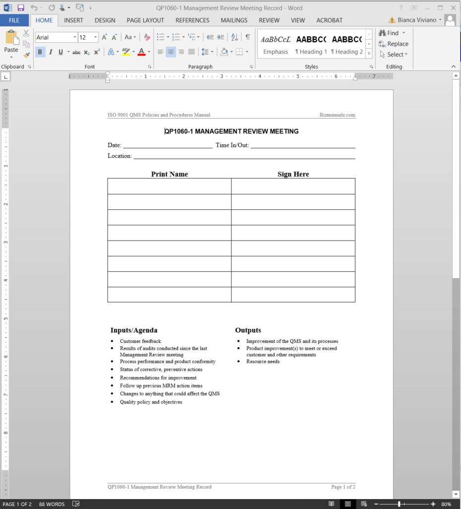 Management Review Meeting Record ISO Template  QP221-21 In Standard Minutes Of Meeting Template