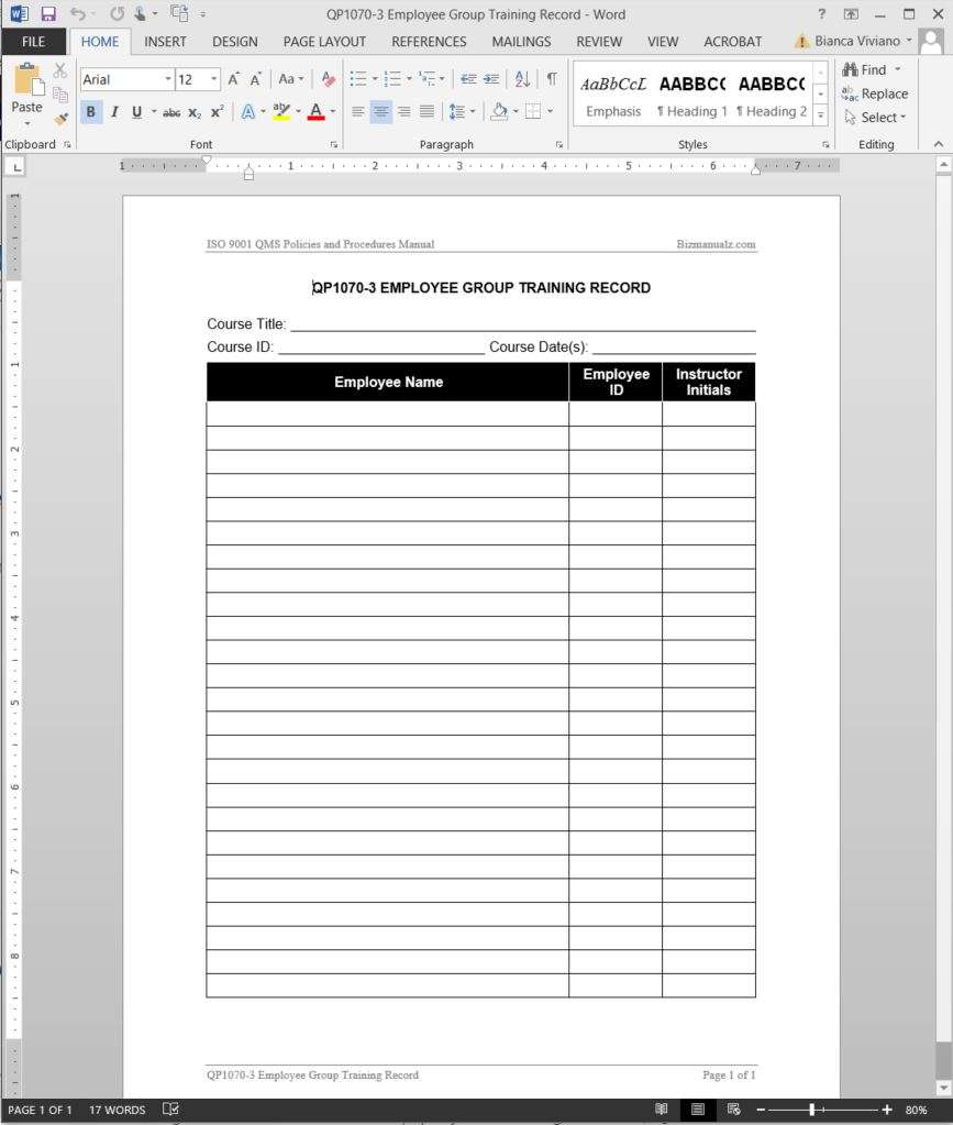 Employee Group Training Record ISO Template  QP223-23 Regarding Training Documentation Template Word