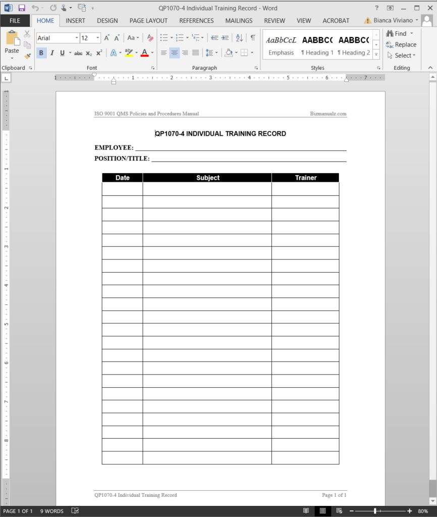 Individual Training Record ISO Template