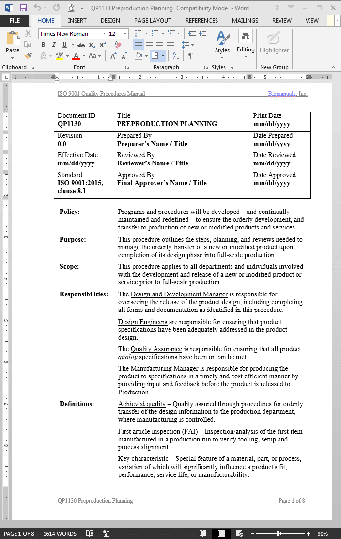 Preproduction Planning Procedure ISO 9001 2015