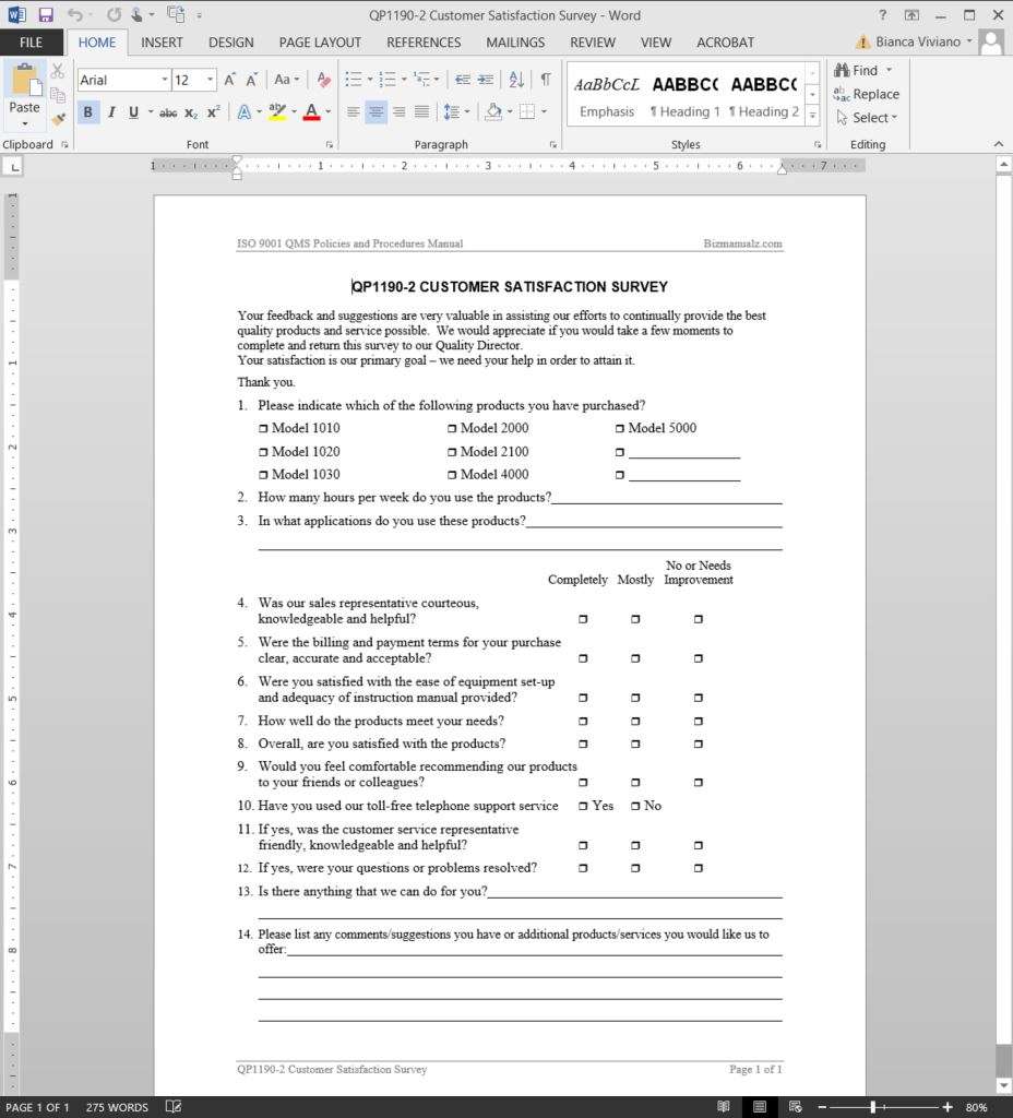 Customer Satisfaction Survey ISO Template  QP233-23 Throughout Customer Satisfaction Report Template