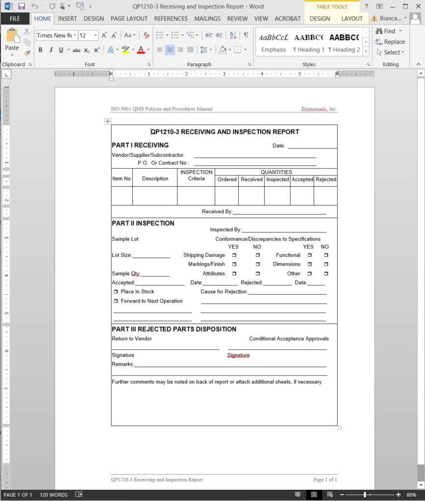 Receiving Inspection Report ISO Template  QP20-20 With Regard To Part Inspection Report Template