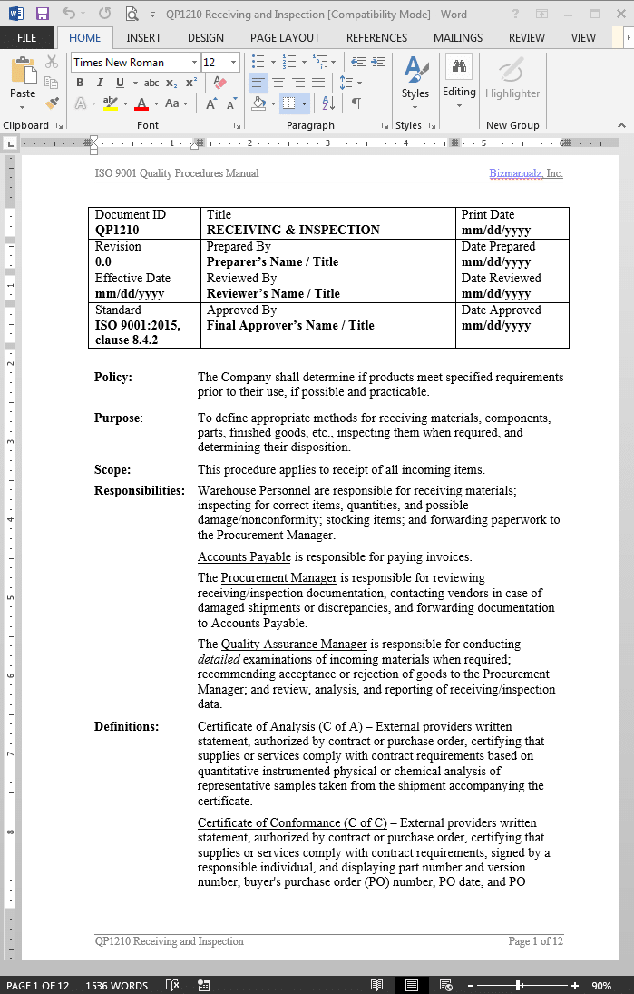 Incoming Inspection Process Flow Chart