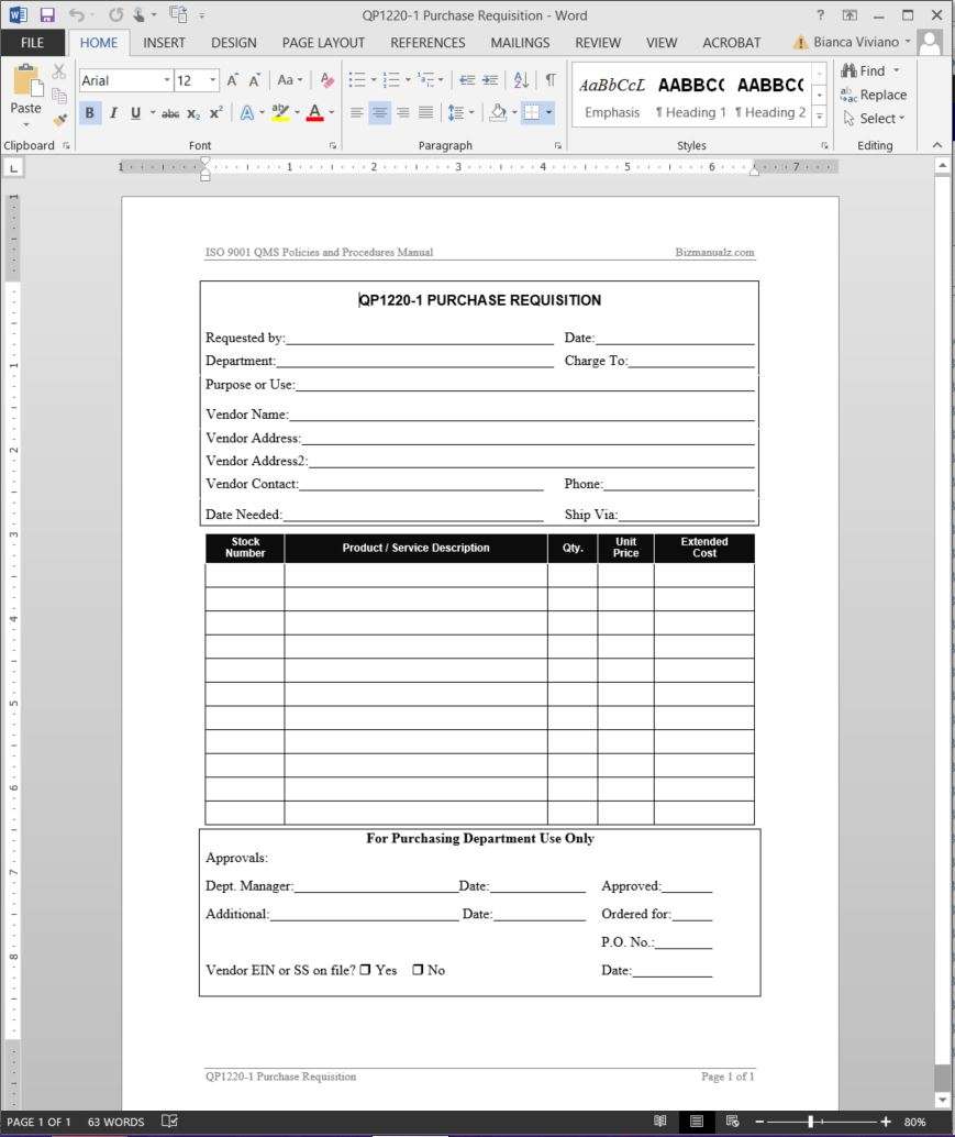 Purchase Requisition Iso Template