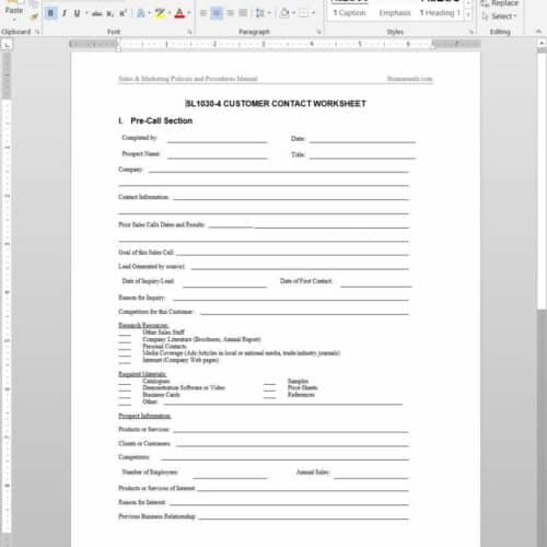 Customer Contact Worksheet SL1030-4