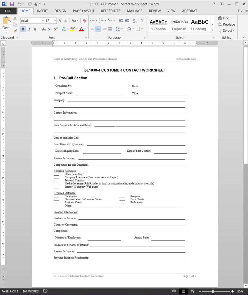 Customer Contact Worksheet Template  SL25-25 Intended For Customer Contact Report Template