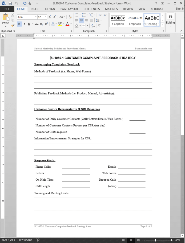 Customer Complaint Feedback Strategy Worksheet Template