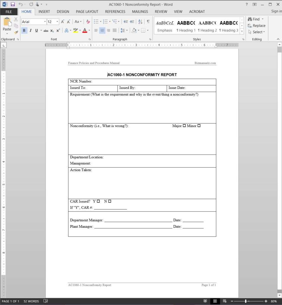 Financial Nonconformity Report Template  AC221-21 For Ncr Report Template