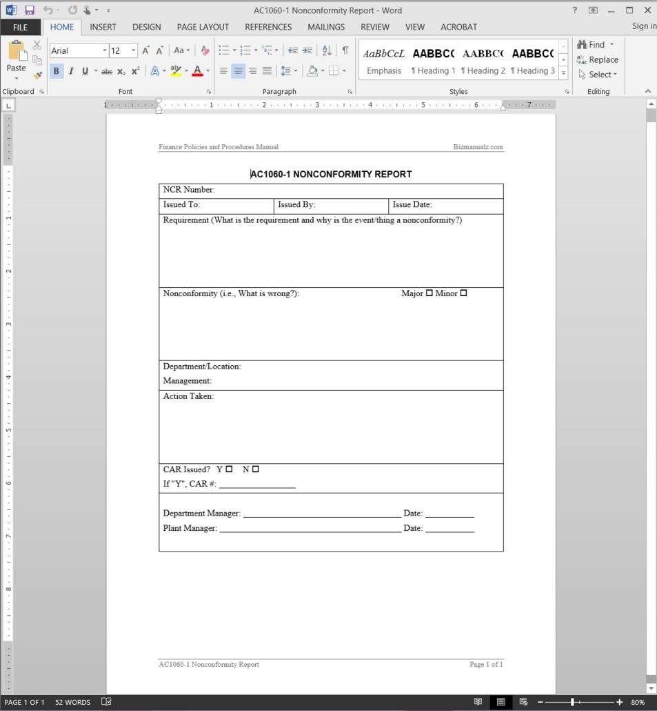 Financial Nonconformity Report Template  AC20-20 With Non Conformance Report Template