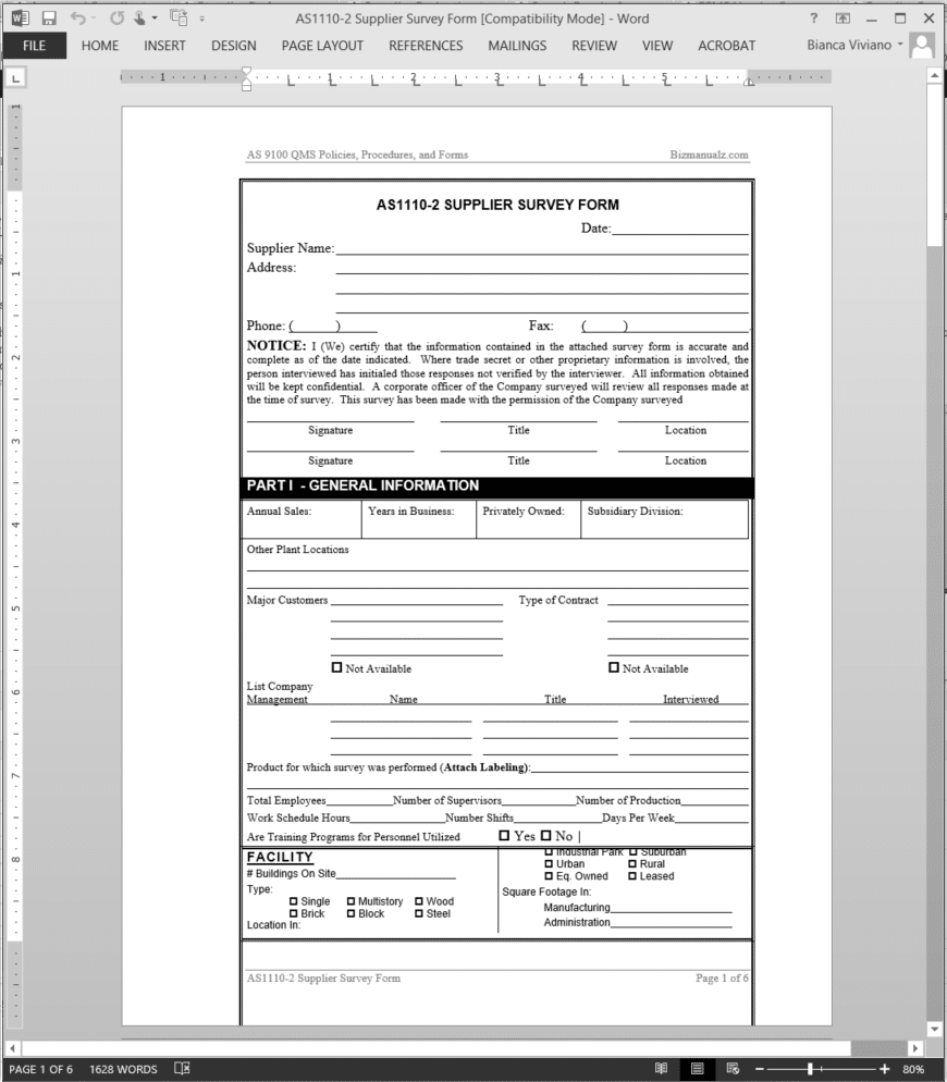 Supplier Survey Form AS9100 Template AS1110 2