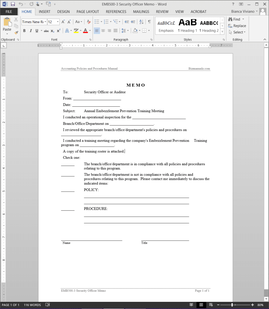 Security Officer Memo Template Word