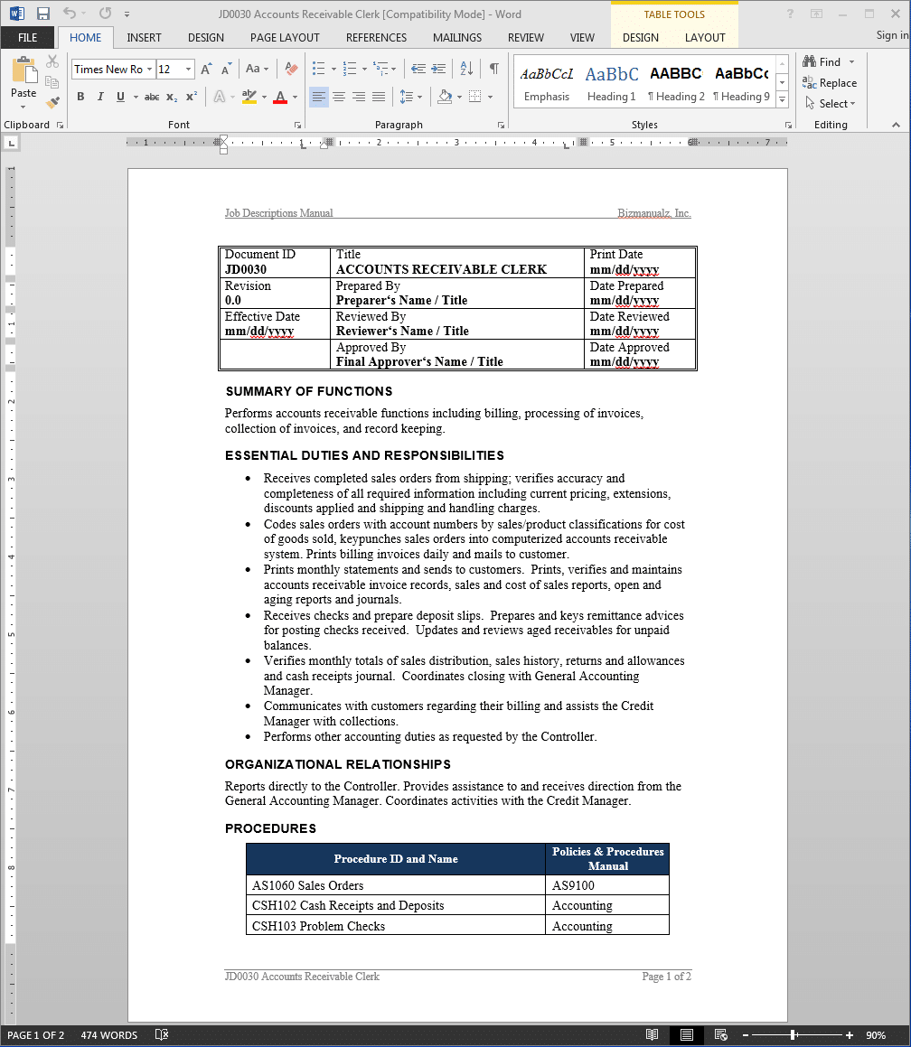Accounts Receivable Job Description - Clerk | Bizmanualz