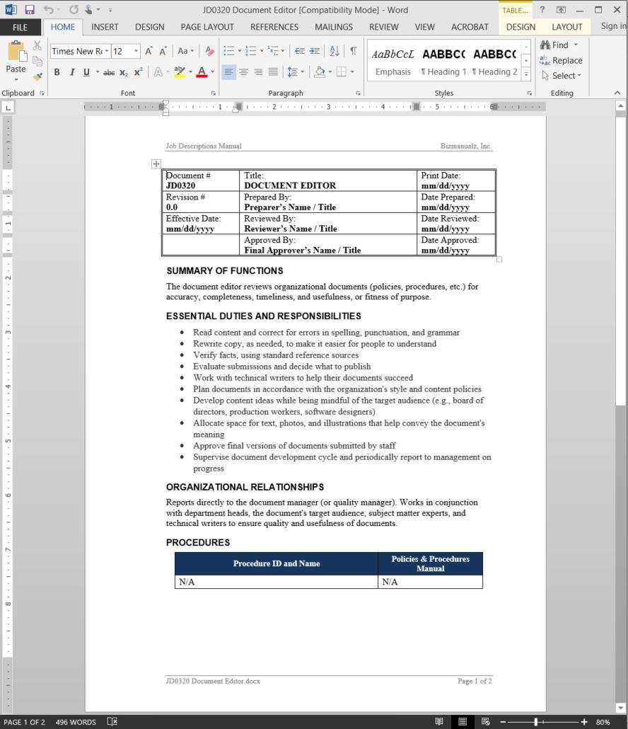 Document Editor Job Description Throughout Job Descriptions Template Word