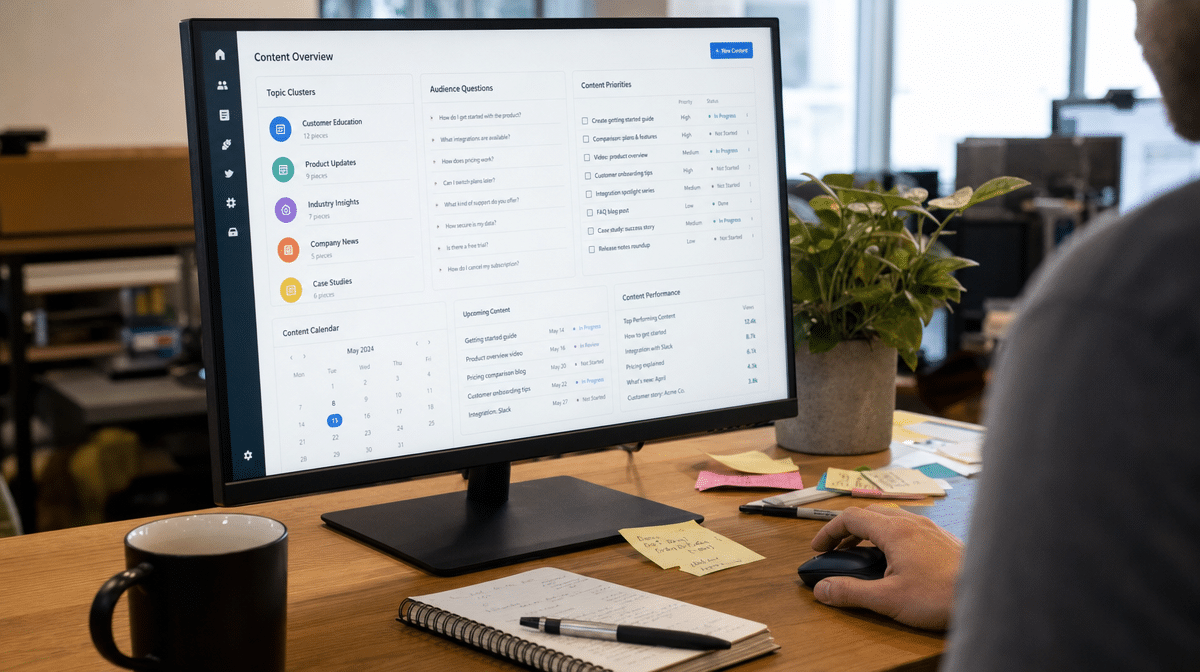 Content planning dashboard showing topic clusters and audience questions on an office monitor