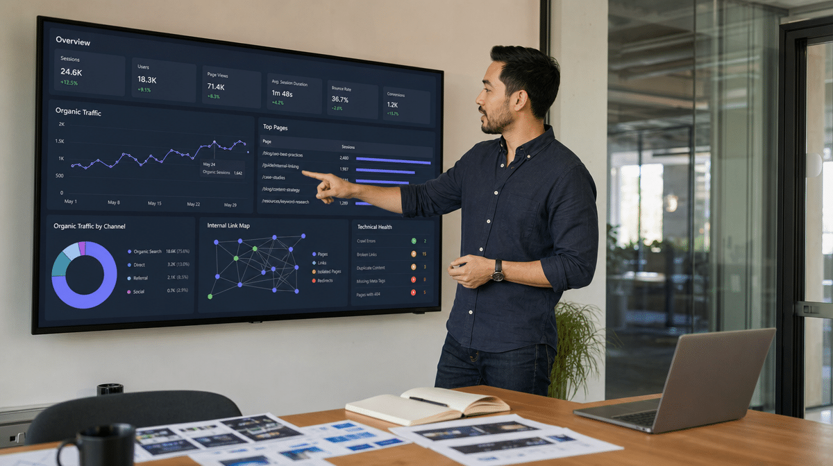 Marketing analyst reviewing organic traffic and internal link performance on a wall dashboard