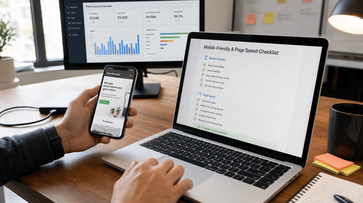 Website owner checking mobile-friendly design and page speed on a laptop and phone