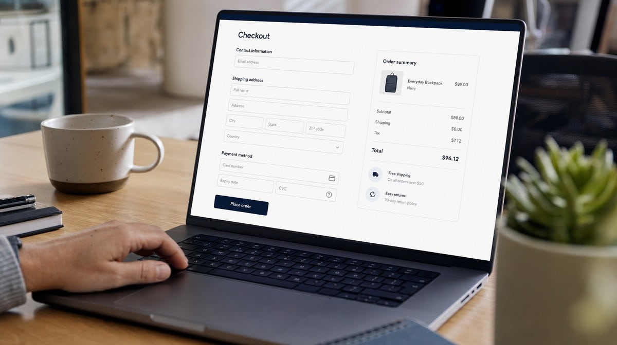A laptop on a desk showing a clean single-page ecommerce checkout form and order summary