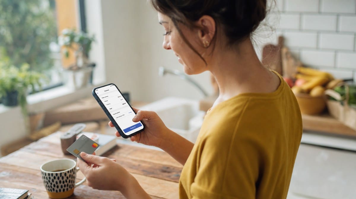 A shopper completing a mobile checkout on a smartphone while holding a payment card