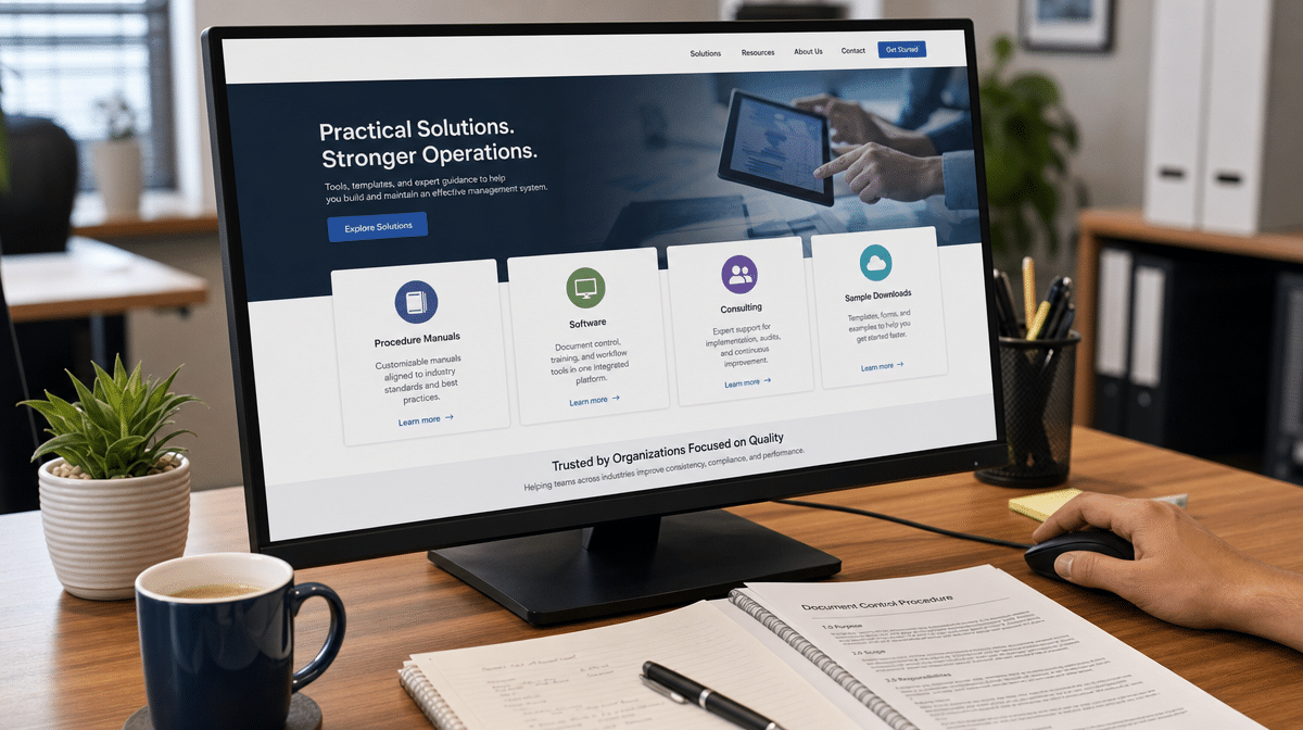 Bizmanualz homepage offerings shown on a desktop monitor