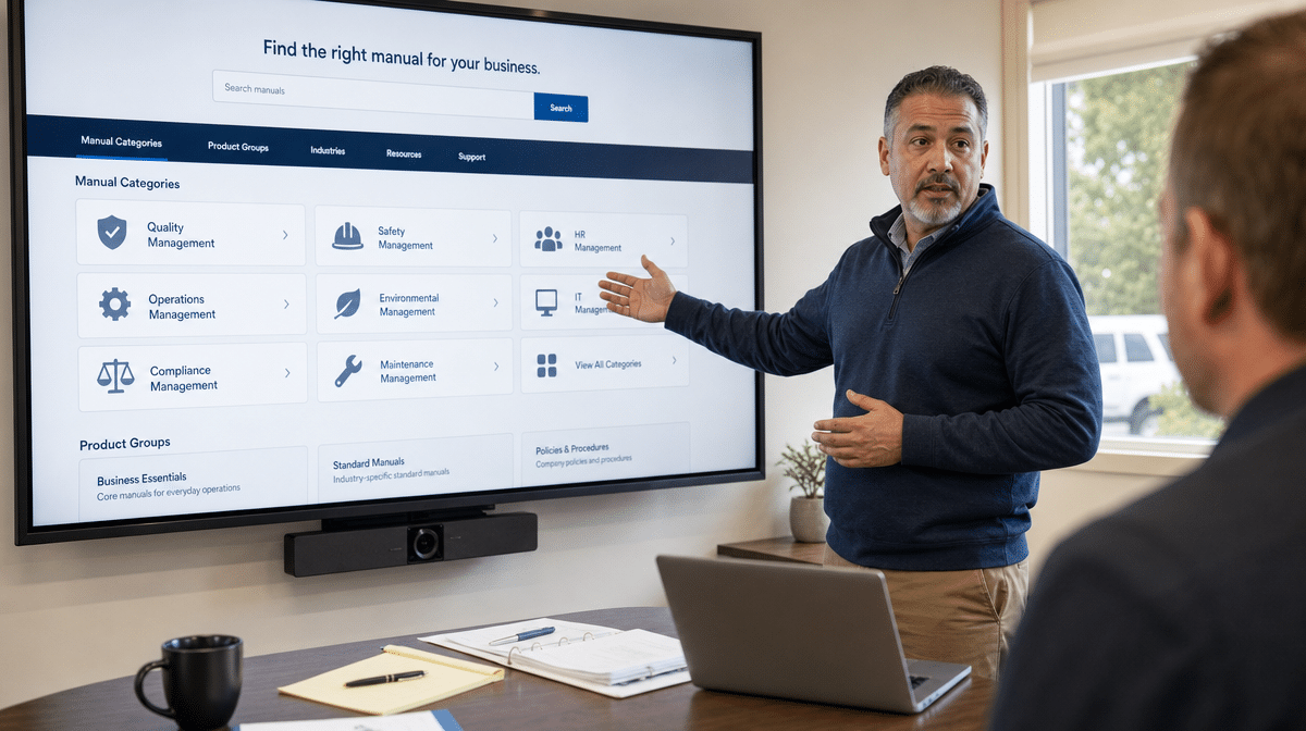 Website navigation categories displayed in a business meeting