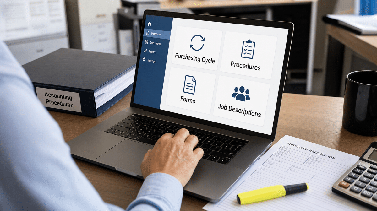 Purchasing cycle procedures forms and job descriptions on a laptop