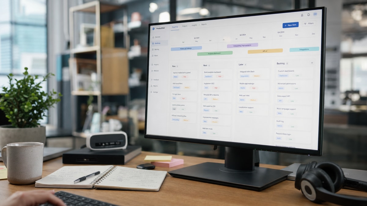 Product management dashboard with a roadmap timeline and task columns on an office monitor